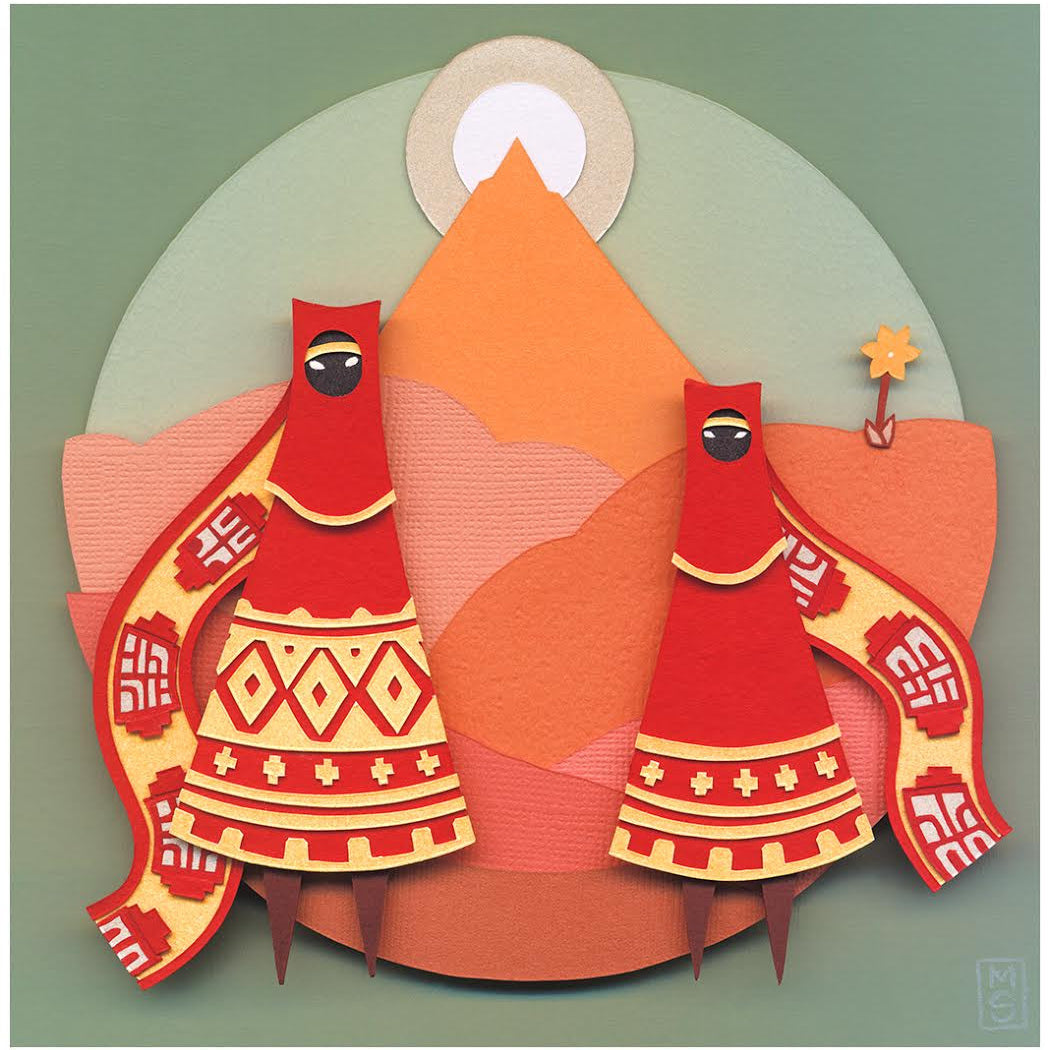Meghan Stratmans paper collage features two robed figures with ornate patterns facing each other against a stylized landscape of an orange mountain and sun, set on a circular background with earthy tones—a captivating piece for any art collector.