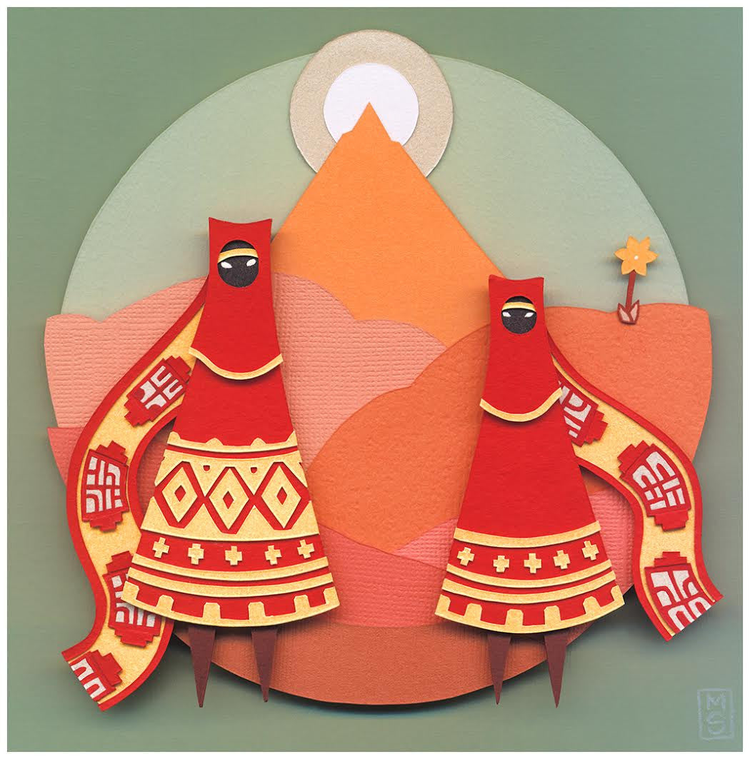 Meghan Stratmans paper collage features two robed figures with ornate patterns facing each other against a stylized landscape of an orange mountain and sun, set on a circular background with earthy tones—a captivating piece for any art collector.