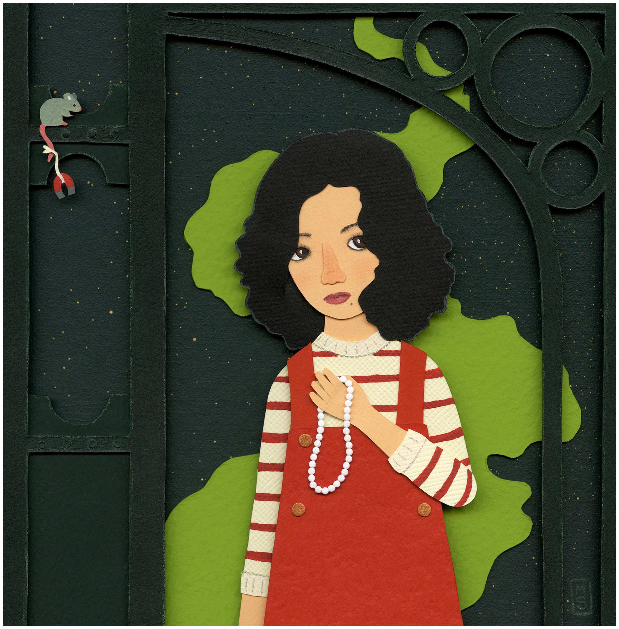 Illustration by Meghan Stratman: A girl with curly hair in a red jumper and striped shirt holds a pearl necklace against a dark green textured background with decorative elements and a small mouse above, as if captured in an intricate paper collage titled Little Sister.