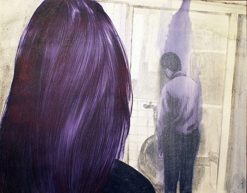 In Melissa Lings Mean Streets II, a woman with long purple hair is depicted from behind, with a figure in the background facing a wall or mirror. Part of the Scorsese art show, it evokes a somber and introspective atmosphere reminiscent of Martin Scorseses cinematic style.
