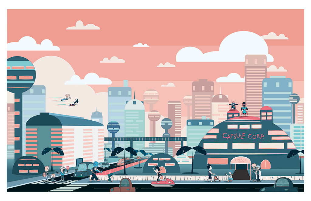 Choobi - "To Capsule Corp." Print featuring characters and city from Dragon Ball Z