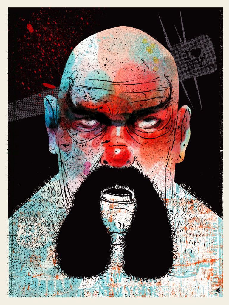 Illustration of a bald man with a thick black mustache/beard, intense expression, exaggerated features, and vivid splatters on his face. The style resembles a Methane Studios’ limited edition screen print. A tattoo in the background says I ♥ NY.