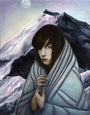 A person with long dark hair, wrapped in a blanket, stands against a mountainous backdrop reminiscent of Michael Shapcotts style. Painted with cool, muted tones in oil on linen, the scene features the moon and evokes a deeply pensive expression.