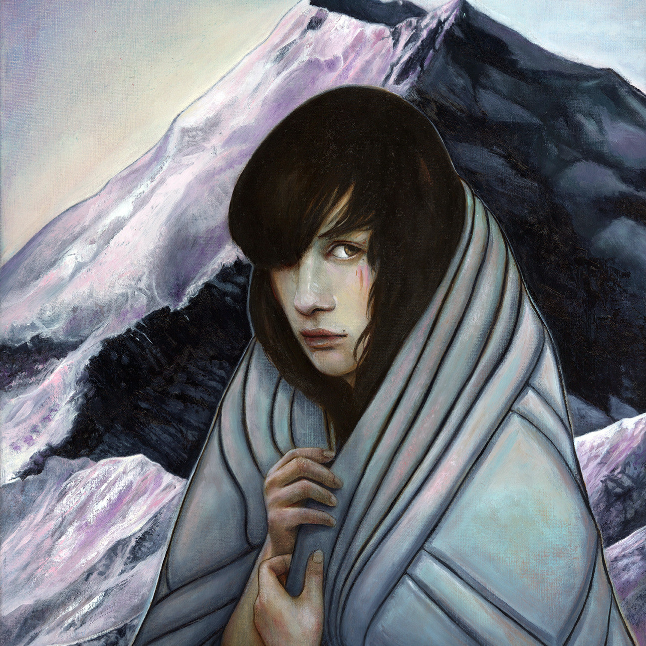 A person with long dark hair, wrapped in a blanket, stands against a mountainous backdrop reminiscent of Michael Shapcotts style. Painted with cool, muted tones in oil on linen, the scene features the moon and evokes a deeply pensive expression.