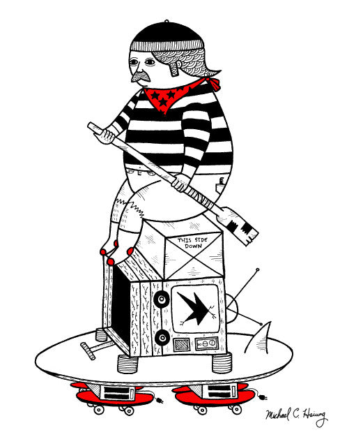 Michael C. Hsiungs black-and-white illustration features a person in a striped shirt, red scarf, and beanie sitting on a TV with THIS SIDE DOWN on a skateboard. Drawn with pen on paper, the figure wields an axe and wears red shoes amidst whimsical elements.