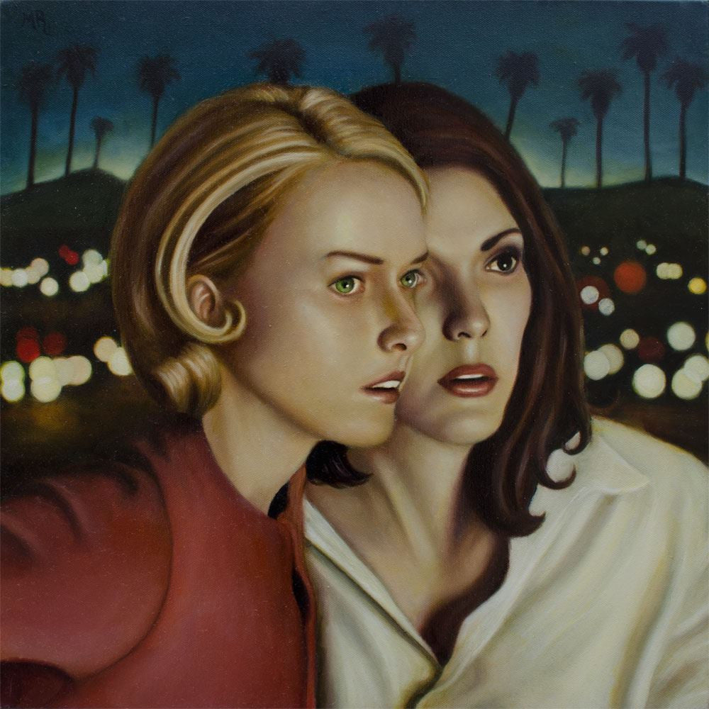 Two women with intense expressions are close together, looking in the same direction. Against a blurred cityscape of lights and palm trees, Michael Ramsteads oil on canvas painting captures nighttime urban intrigue, making it a captivating piece for sale.