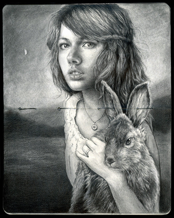 Michael Shapcotts signature style features a black and white drawing of a woman with wavy hair, wearing a necklace and holding a rabbit, set against an ethereal dark landscape where the crescent moon enhances the graphite on Moleskine.