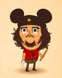 A long-haired, bearded cartoon character with a hat featuring large black ears holds a churro and a bird-themed box. Wearing a red shirt with a mouse logo, this Mike Mitchell limited edition print beautifully captures Disneyland on a light beige backdrop.