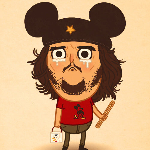 A long-haired, bearded cartoon character with a hat featuring large black ears holds a churro and a bird-themed box. Wearing a red shirt with a mouse logo, this Mike Mitchell limited edition print beautifully captures Disneyland on a light beige backdrop.