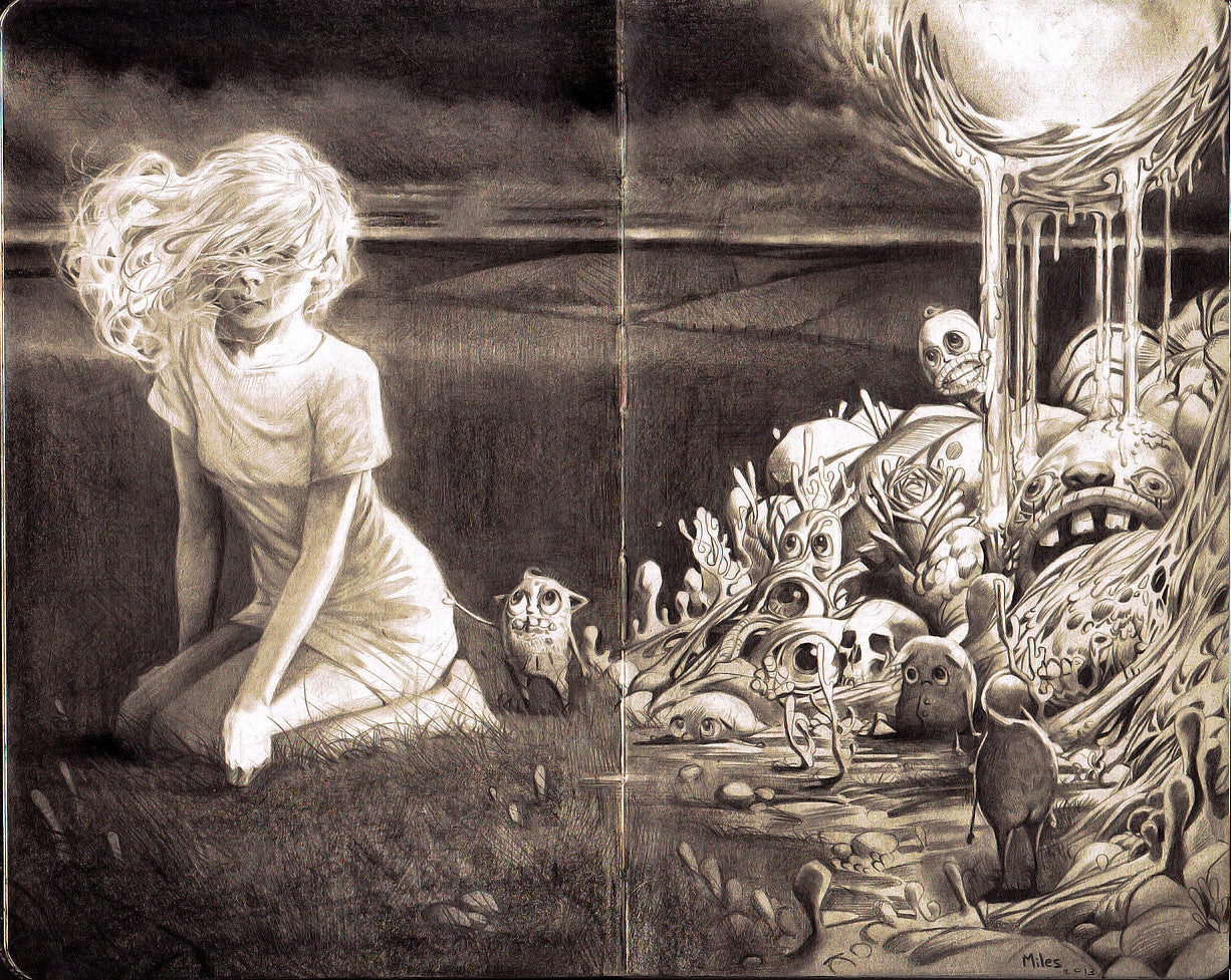 Miles Johnstons graphite on Moleskine drawing showcases a kneeling woman in a field with expressive, abstract creatures. A surreal landscape with bizarre beings and a melting sphere fills the right side. This intriguing artwork is available for purchase.