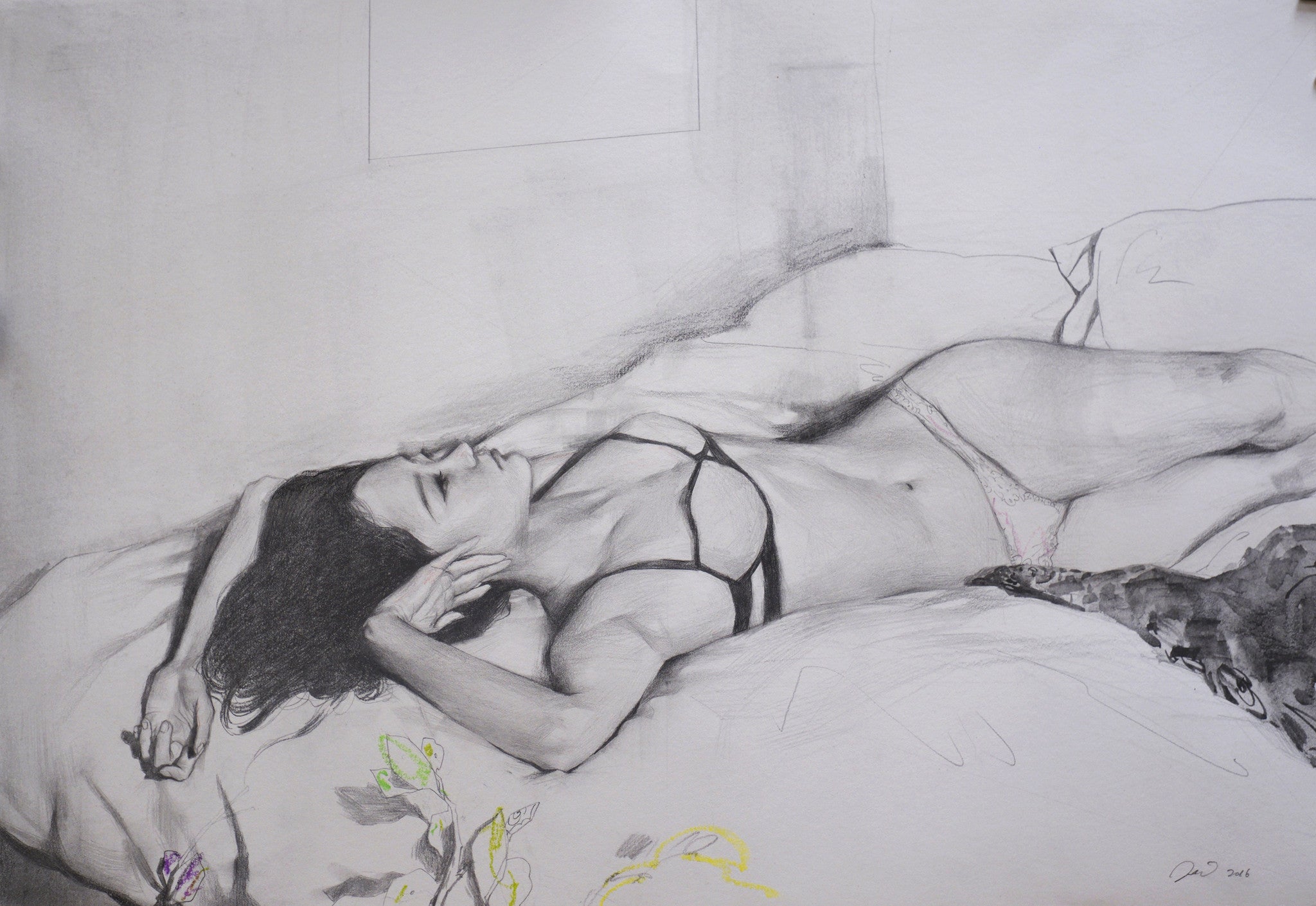 This Helice Wen piece depicts a woman in lingerie on a bed, created with graphite on paper. It blends pencil sketching with subtle color highlights, showcasing her relaxed pose against a minimally detailed background that enriches the serene feel of the custom-framed portrait.