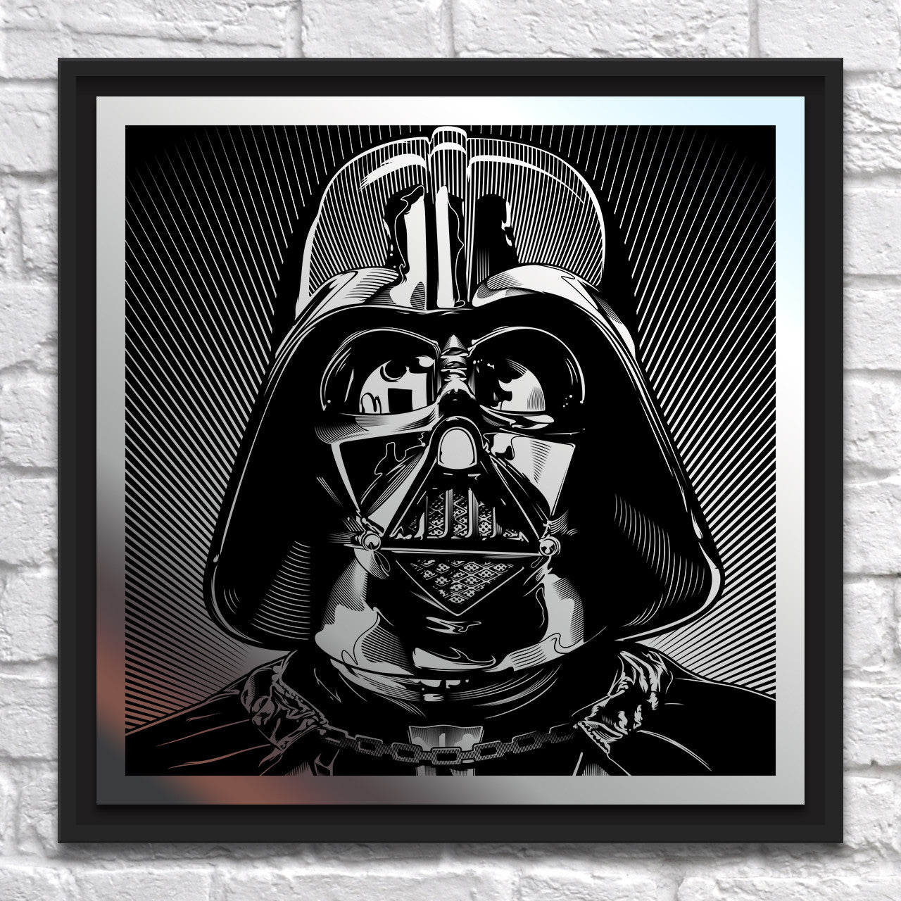 A Joshua Budich black and white character illustration in a glossy helmet and mask, inspired by Darth Vader, is framed on a white brick wall. The dramatic lighting with radial patterns creates an iconic look, akin to laser-etched mirror stainless steel.