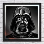 A Joshua Budich black and white character illustration in a glossy helmet and mask, inspired by Darth Vader, is framed on a white brick wall. The dramatic lighting with radial patterns creates an iconic look, akin to laser-etched mirror stainless steel.
