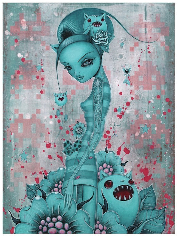 A stylized artwork by Caia Koopman features a blue-toned woman with intricate tattoos, surrounded by large abstract flowers and cartoonish creatures. Pink splashes and geometric patterns enhance the whimsical scene. This limited edition fine art giclee print is signed and numbered.