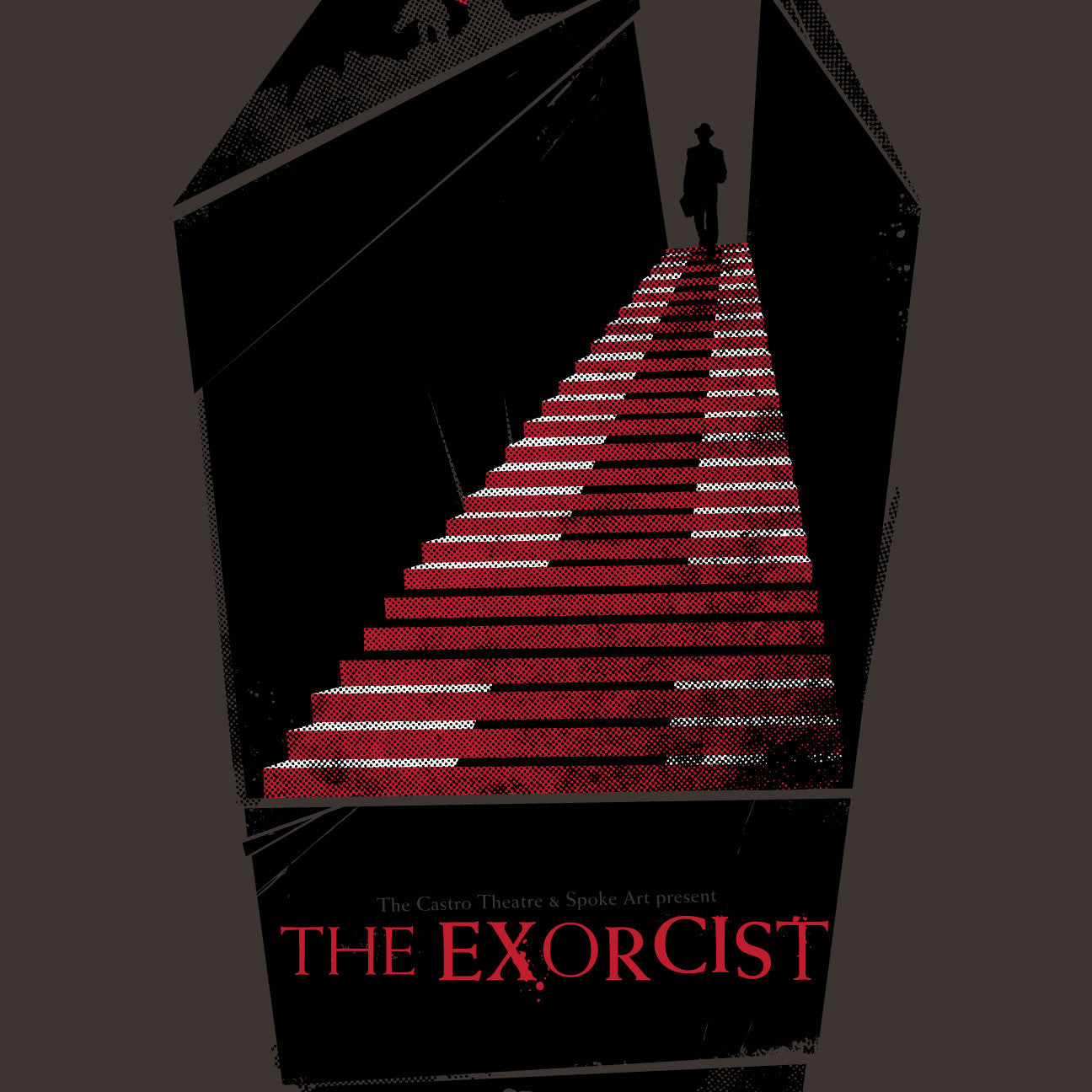 David Moscatis stylized screen print for The Exorcist showcases a dark staircase with ominous red steps. A silhouette stands atop, and details for the Castro Theatre in San Francisco appear below against a brooding deep gray background.