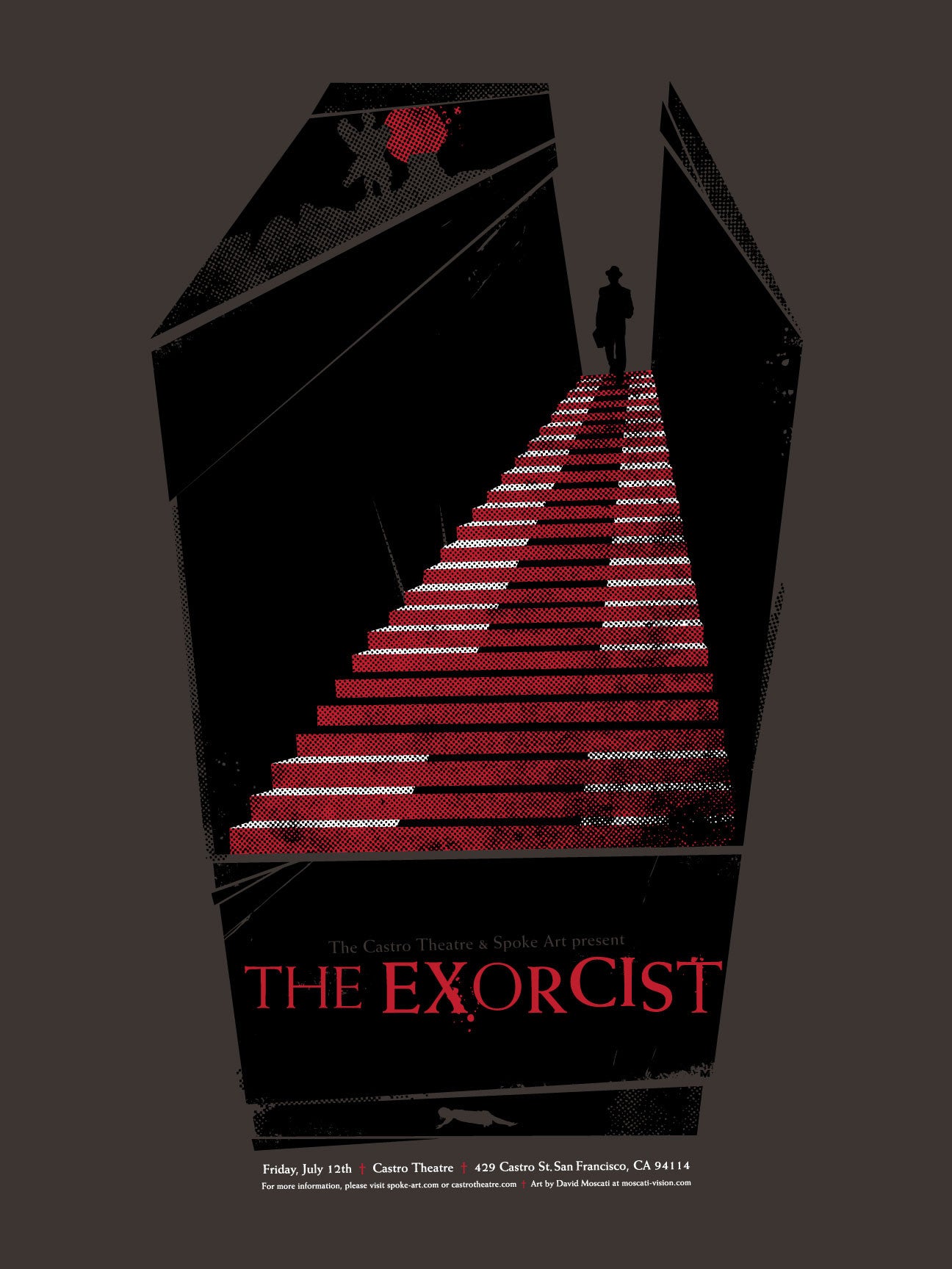 David Moscatis stylized screen print for The Exorcist showcases a dark staircase with ominous red steps. A silhouette stands atop, and details for the Castro Theatre in San Francisco appear below against a brooding deep gray background.
