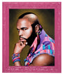 A Scott Scheidly portrait at Spoke Art Gallery captures a mohawked man in a vibrant scarf, large pink feather earrings, and bracelets, exuding Mr. T for Terrific vibes within an ornate pink frame.