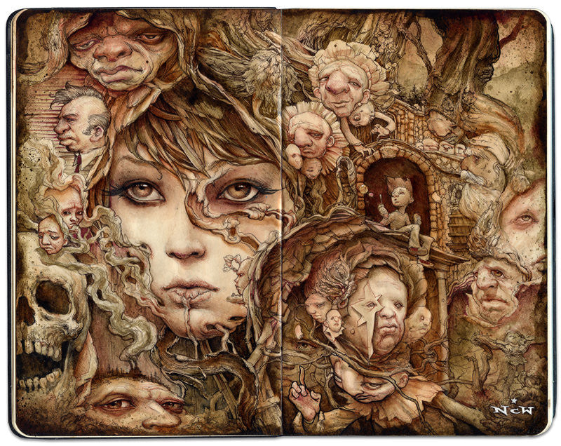 A surreal N.C. Winters-inspired illustration showcases a womans face amid fantastical faces, tree branches, and a skull. A Moleskine journal rests in a treehouse-like structure, evoking fractured memories in this dreamlike scene.