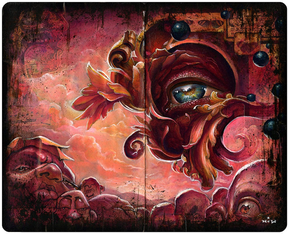 Surreal art by NC Winters showcases a detailed eye surrounded by swirling red and orange hues. Abstract shapes and distorted faces merge into a cloudy sky, evoking a dreamlike scene with rich pen/ink textures and intricate acrylic details reminiscent of Dreamscape In E Minor.