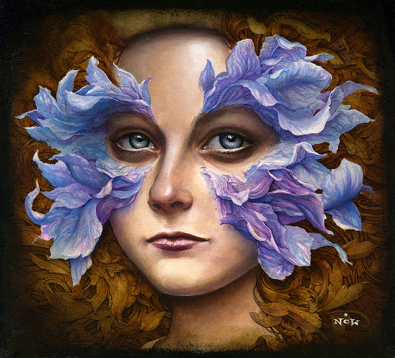 A portrait by NC Winters features a light-skinned person framed by purple and blue petals around their eyes and cheeks against a dark background, blending human and floral elements in a serene homage reminiscent of Scorseses artistry.