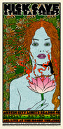Chuck Sperrys illustrated concert poster for Nick Cave and the Bad Seeds features a woman with flowing hair holding a lotus flower. An ornate vegetal pattern serves as the backdrop, reminiscent of retrospective prints. Includes Austin City Limits concert details from July 20, 2014.