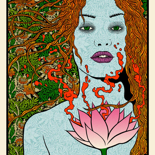 Chuck Sperrys illustrated concert poster for Nick Cave and the Bad Seeds features a woman with flowing hair holding a lotus flower. An ornate vegetal pattern serves as the backdrop, reminiscent of retrospective prints. Includes Austin City Limits concert details from July 20, 2014.