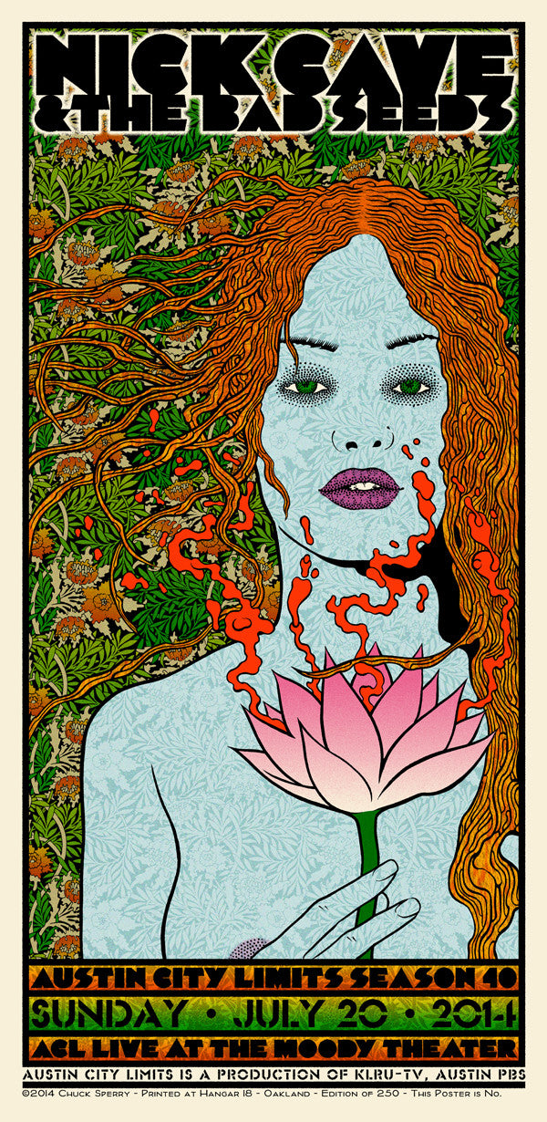 Chuck Sperrys illustrated concert poster for Nick Cave and the Bad Seeds features a woman with flowing hair holding a lotus flower. An ornate vegetal pattern serves as the backdrop, reminiscent of retrospective prints. Includes Austin City Limits concert details from July 20, 2014.