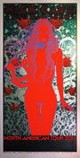 A Chuck Sperry poster showcases a red silhouette of a woman with a lyre amidst green and silver floral patterns, with North American Tour 2014 prominently displayed at the bottom, embodying the essence of Nick Caves captivating shows.
