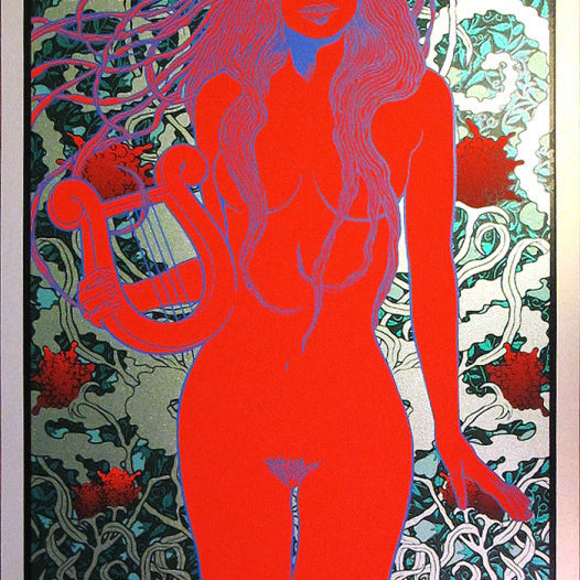A Chuck Sperry poster showcases a red silhouette of a woman with a lyre amidst green and silver floral patterns, with North American Tour 2014 prominently displayed at the bottom, embodying the essence of Nick Caves captivating shows.