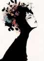 A serene silhouette of a woman in profile, her head adorned with colorful flowers and leaves, features in this limited edition giclée print by Conrad Roset, using bold black ink and soft pastels. Her eyes are closed, embodying tranquility.