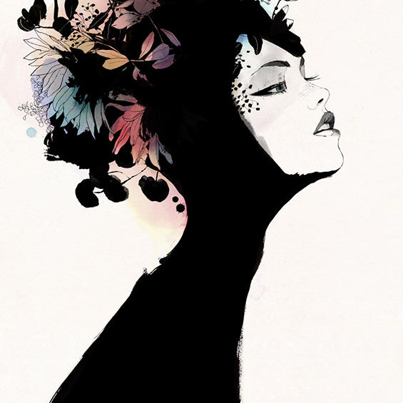 A serene silhouette of a woman in profile, her head adorned with colorful flowers and leaves, features in this limited edition giclée print by Conrad Roset, using bold black ink and soft pastels. Her eyes are closed, embodying tranquility.