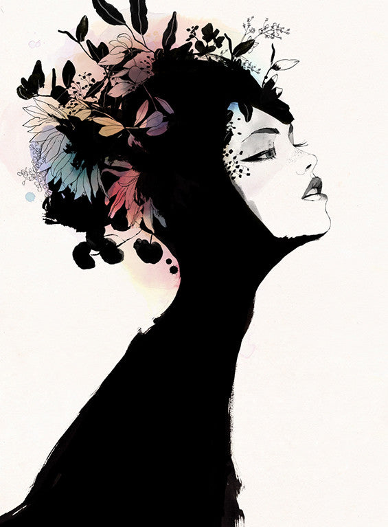 A serene silhouette of a woman in profile, her head adorned with colorful flowers and leaves, features in this limited edition giclée print by Conrad Roset, using bold black ink and soft pastels. Her eyes are closed, embodying tranquility.