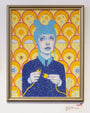 An artwork inspired by Natalie Foss portrays a person with blue hair holding a yellow plug against a vibrant backdrop. It features sun and moon imagery, bees, and abstract symbols, while the starry-patterned top enhances its enchanting appeal.