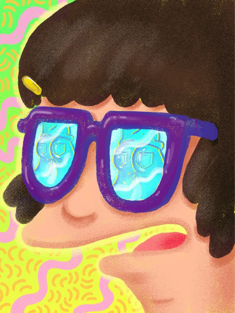 This Nate Bear illustration resembles a Bobs Burgers art show piece, depicting a short black-haired person with a yellow hairpin and large purple sunglasses reflecting a blue, stylized computer screen, set against vibrant green and yellow background patterns.