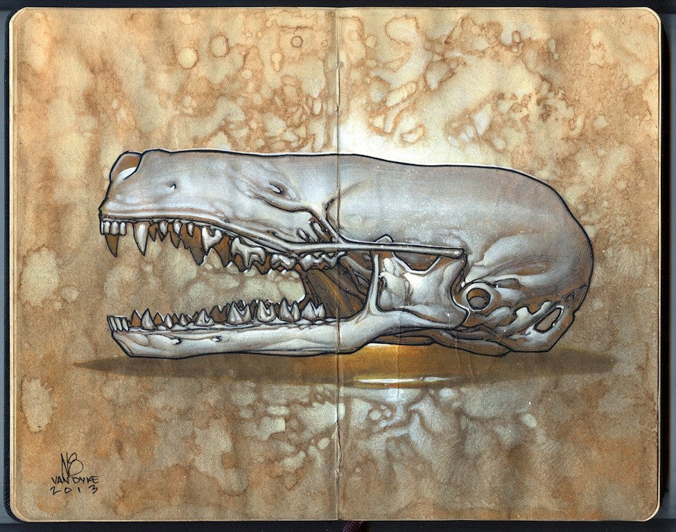 An animal skull with large, sharp teeth and an elongated shape is sketched across two pages of a Moleskine notebook. The background features an aged, brownish texture, giving it a vintage aesthetic that echoes Nate Van Dykes acrylic art style.