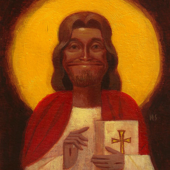 This Nathan Stapley painting, featured at a Scorsese art show, shows a long-haired person with a beard, smiling and holding a book adorned with a cross. They wear white with a red robe, encircled by a yellow halo on dark brown—a signature piece backed by The Film Foundation.