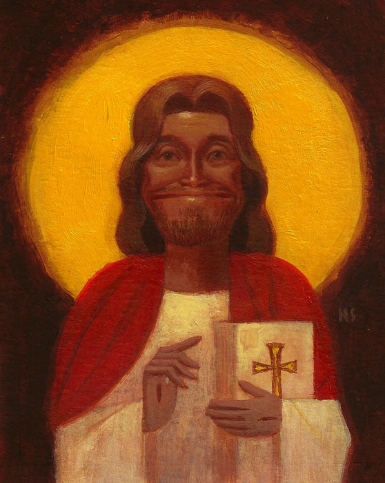 This Nathan Stapley painting, featured at a Scorsese art show, shows a long-haired person with a beard, smiling and holding a book adorned with a cross. They wear white with a red robe, encircled by a yellow halo on dark brown—a signature piece backed by The Film Foundation.