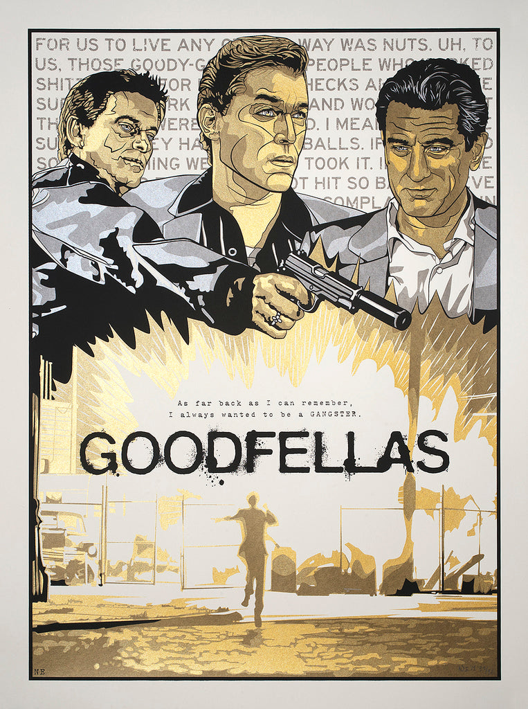 New Fleshs limited edition screen print poster of Martin Scorseses Goodfellas showcases three men in suits, one with a gun, against a backdrop with script text and running silhouette. The title GOODFELLAS and an impactful quote stand prominently at the bottom.