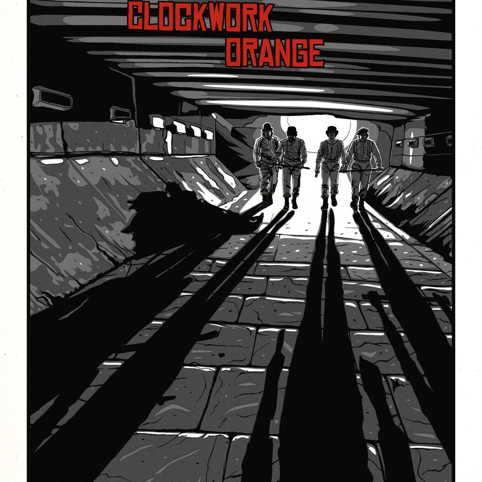 This New Flesh signed and numbered screen print showcases a stylized black-and-white illustration of four people walking in a tunnel, with A Clockwork Orange in metallic red inks above and their elongated shadows dramatically stretching toward the viewer.