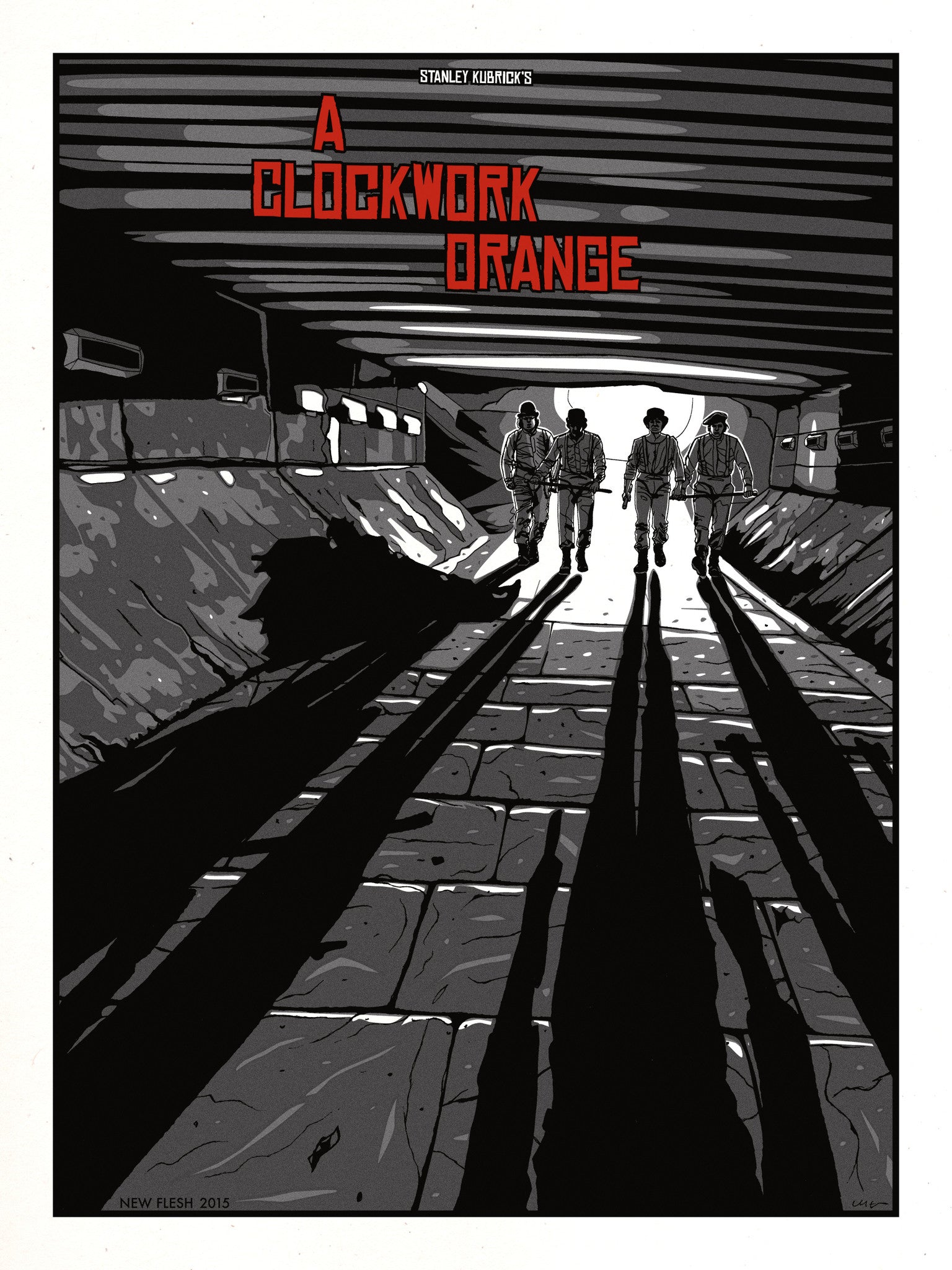 This New Flesh signed and numbered screen print showcases a stylized black-and-white illustration of four people walking in a tunnel, with A Clockwork Orange in metallic red inks above and their elongated shadows dramatically stretching toward the viewer.