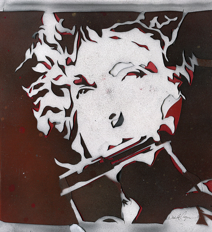 Nick Comparones stencil art depicts a person in textured white, gray, and red layers, holding a harmonica near their mouth. Their wavy hair frames a contemplative expression reminiscent of Desolation Row Stencil, perfect for an exhibit like the Spoke Art gallery.