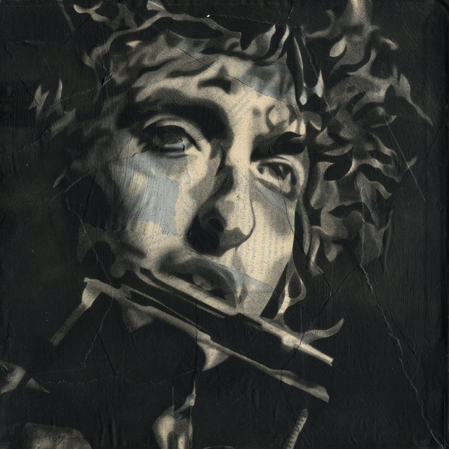 A monochrome portrait by Nick Comparone captures a person playing the harmonica, evoking Martin Scorseses art. The texturized image showcases striking light and shadow contrasts on the face, overlaid with an intricate pattern of leaves and branches recalling Desolation Rows atmospheric depth.