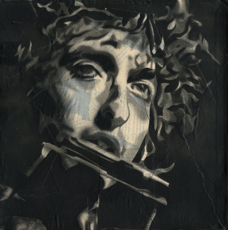 A monochrome portrait by Nick Comparone captures a person playing the harmonica, evoking Martin Scorseses art. The texturized image showcases striking light and shadow contrasts on the face, overlaid with an intricate pattern of leaves and branches recalling Desolation Rows atmospheric depth.