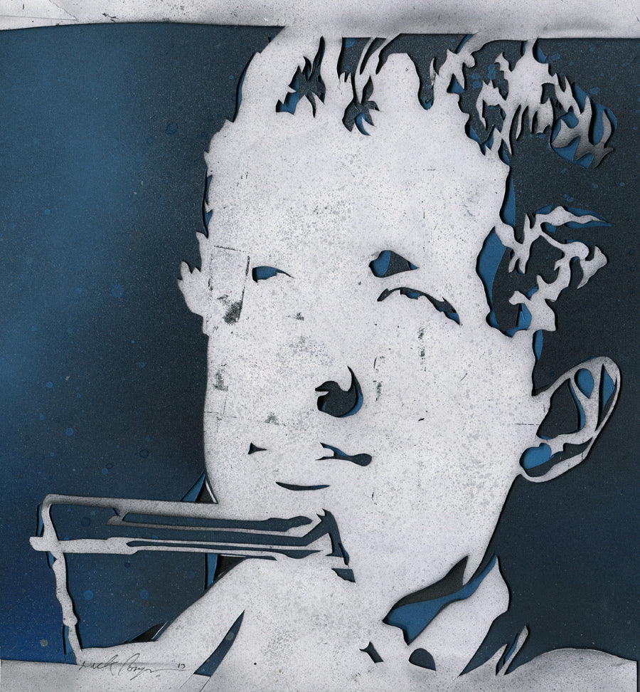 Nick Comparone offers an artistic illustration of a mans face in stencil-like monochrome on a blue background, evoking Blowin in the Wind with hair swept back, eyes closed, and harmonica in hand.