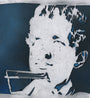 Nick Comparone offers an artistic illustration of a mans face in stencil-like monochrome on a blue background, evoking Blowin in the Wind with hair swept back, eyes closed, and harmonica in hand.
