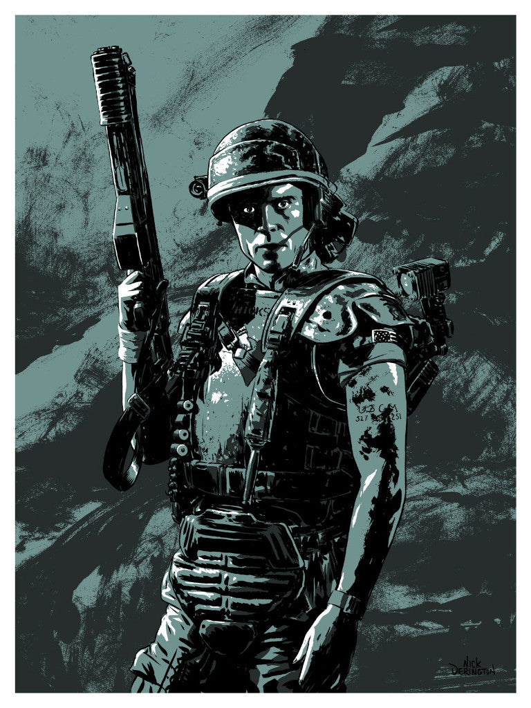 Nick Derington presents a gritty black-and-white screen print of a soldier in helmet and armor, holding a large gun against a rugged backdrop. This signed and numbered edition captures assertiveness and determination.
