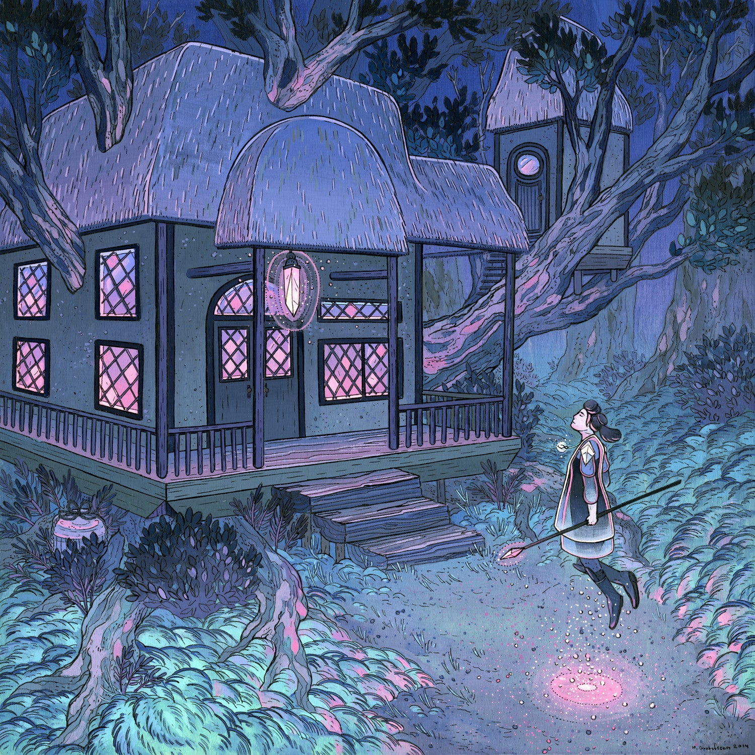 A person floats near a glowing circle in front of a whimsical house with pink-lit windows amid twisting trees. The scene, like a Nicole Gustafsson Gouache painting, radiates soft blue and purple light, crafting a magical, serene ambiance.