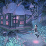A person floats near a glowing circle in front of a whimsical house with pink-lit windows amid twisting trees. The scene, like a Nicole Gustafsson Gouache painting, radiates soft blue and purple light, crafting a magical, serene ambiance.