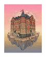 This Nicole Gustafsson illustration features a detailed Victorian-style house on a floating rock beneath a pink-orange sky. People gather as debris spills over the side. Available as an open edition archival pigment print, each piece exudes a timelessly surreal vibe.