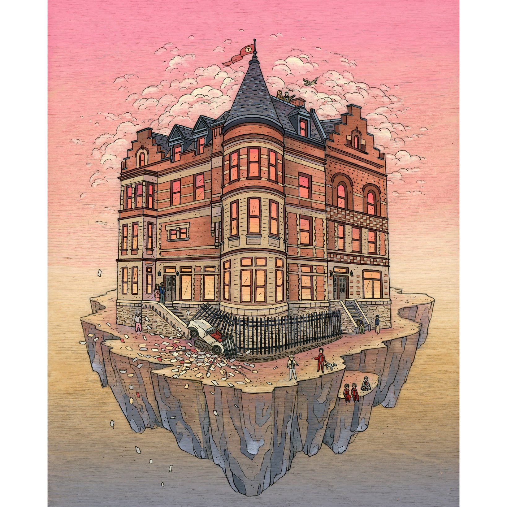 This Nicole Gustafsson illustration features a detailed Victorian-style house on a floating rock beneath a pink-orange sky. People gather as debris spills over the side. Available as an open edition archival pigment print, each piece exudes a timelessly surreal vibe.